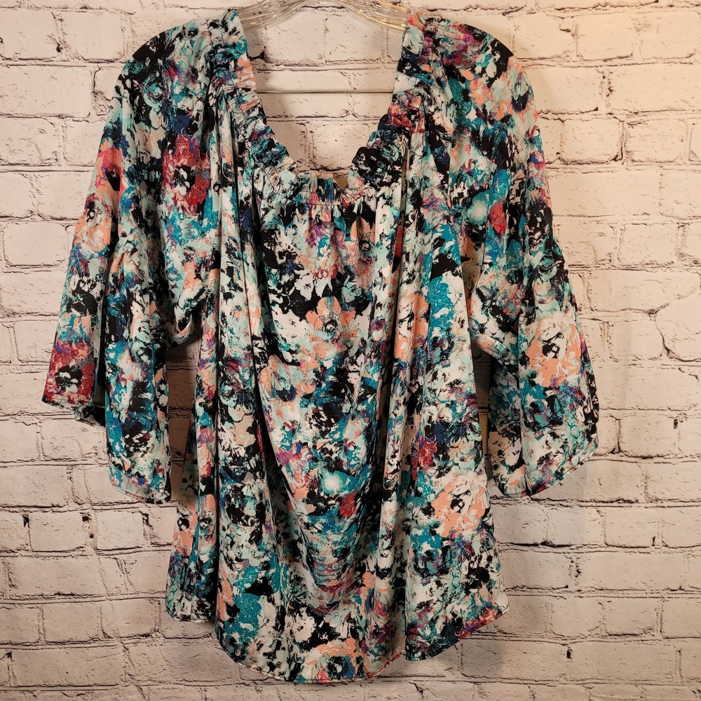 Boutique Black/Blue Floral Off The Shoulder Blouse Bell Sleeve 2X